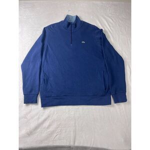 Lacoste Men's Quarter Zip Pullover Sweater 7 Blue Solid Logo Pockets Long Sleeve